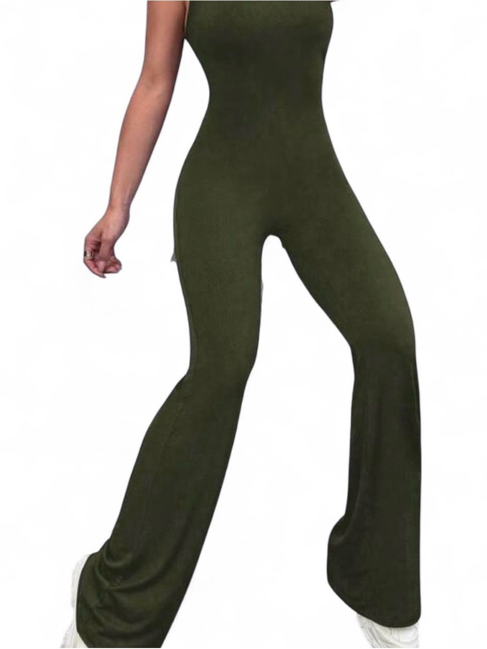 Olive Green Ribbed Flare Jumpsuit - Women Pants & Jumpsuits